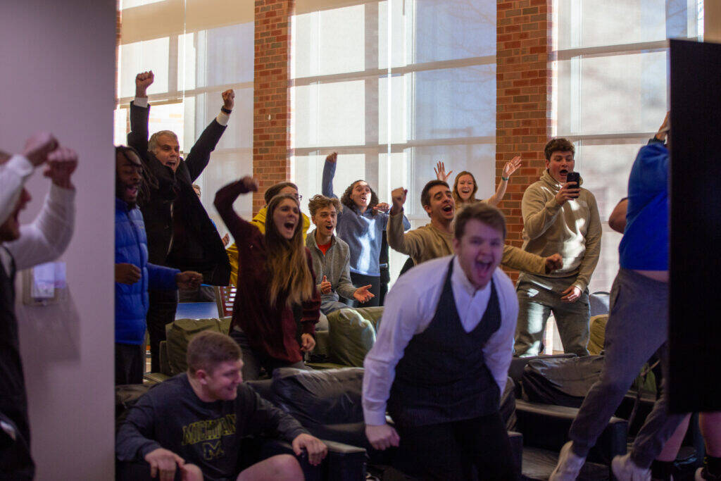 TIU students celebrate the win in Waybright Center. 