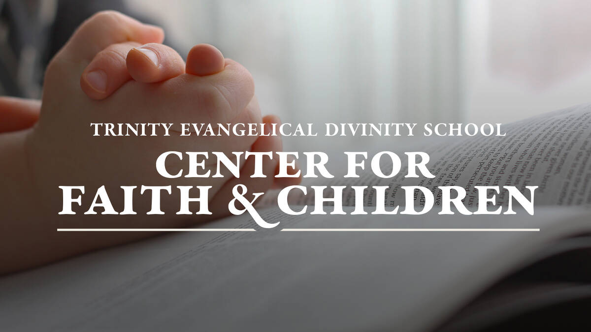 Center for Faith and Children text on photo with a child's praying hands on a bible.